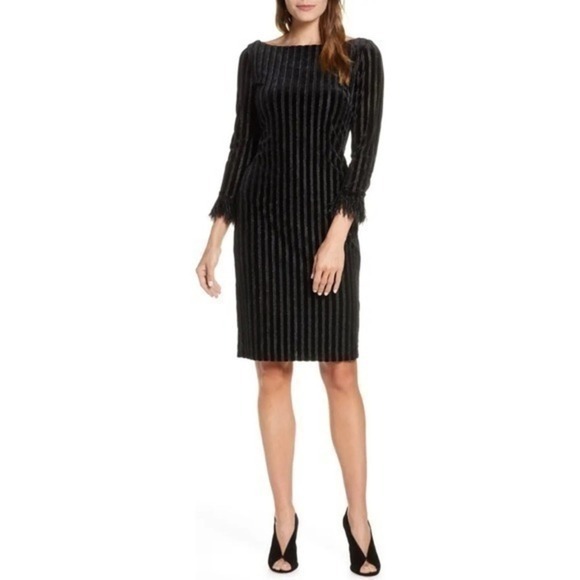 Mark + James By Badgley Mischka Metallic Stripe Feather Cuff Sheath Black Dress